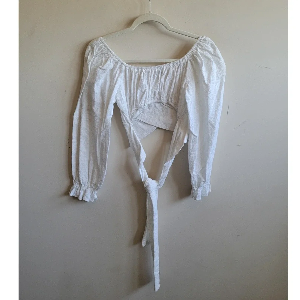 DISSH White Cotton Wrap Tie Back Crop Top Long Sleeve Off Shoulder Gauze Size 10